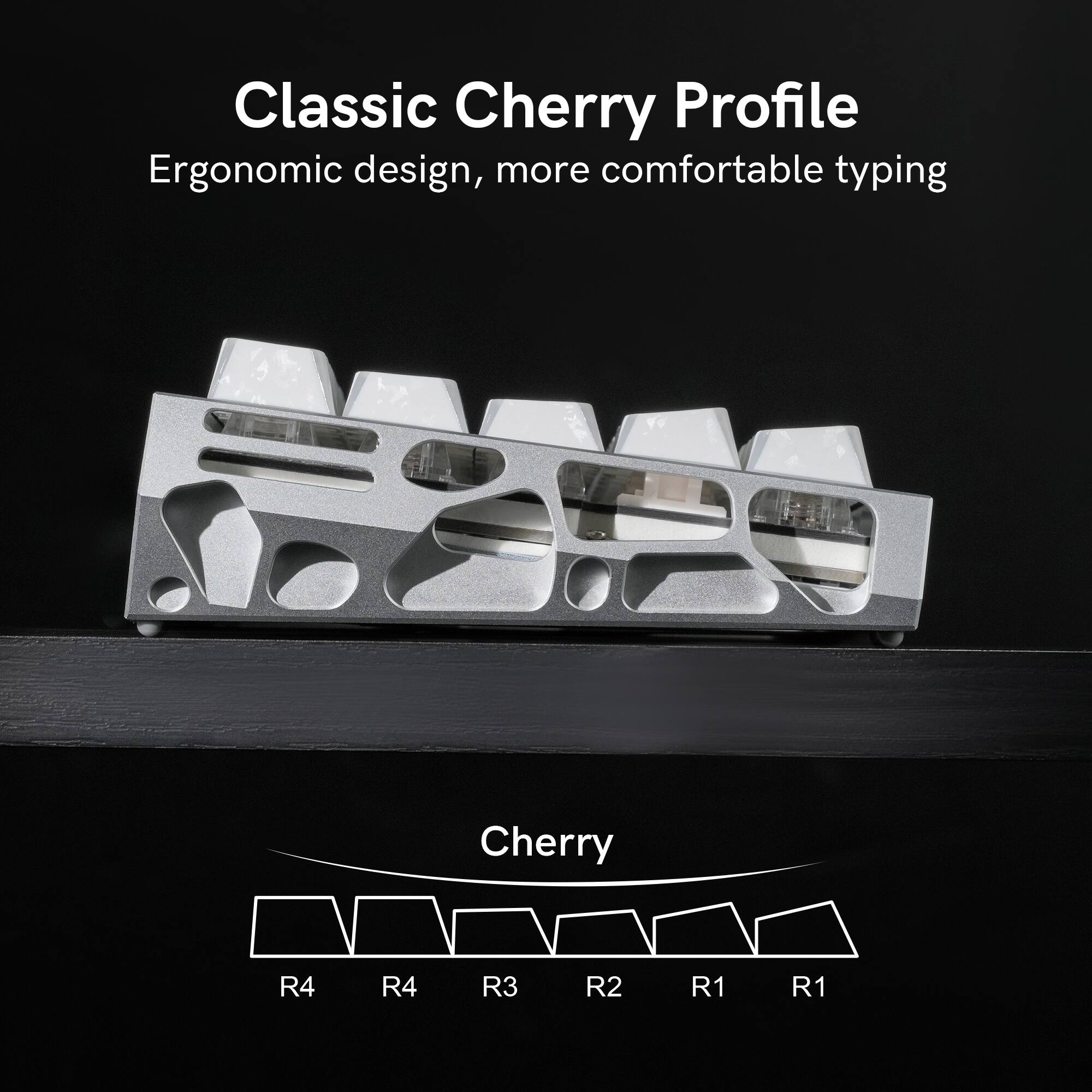 Classic Cherry Profile  
Ergonomic design, more comfortable typing  

Cherry  
R4 R4 R3 R2 R1 R1 R1