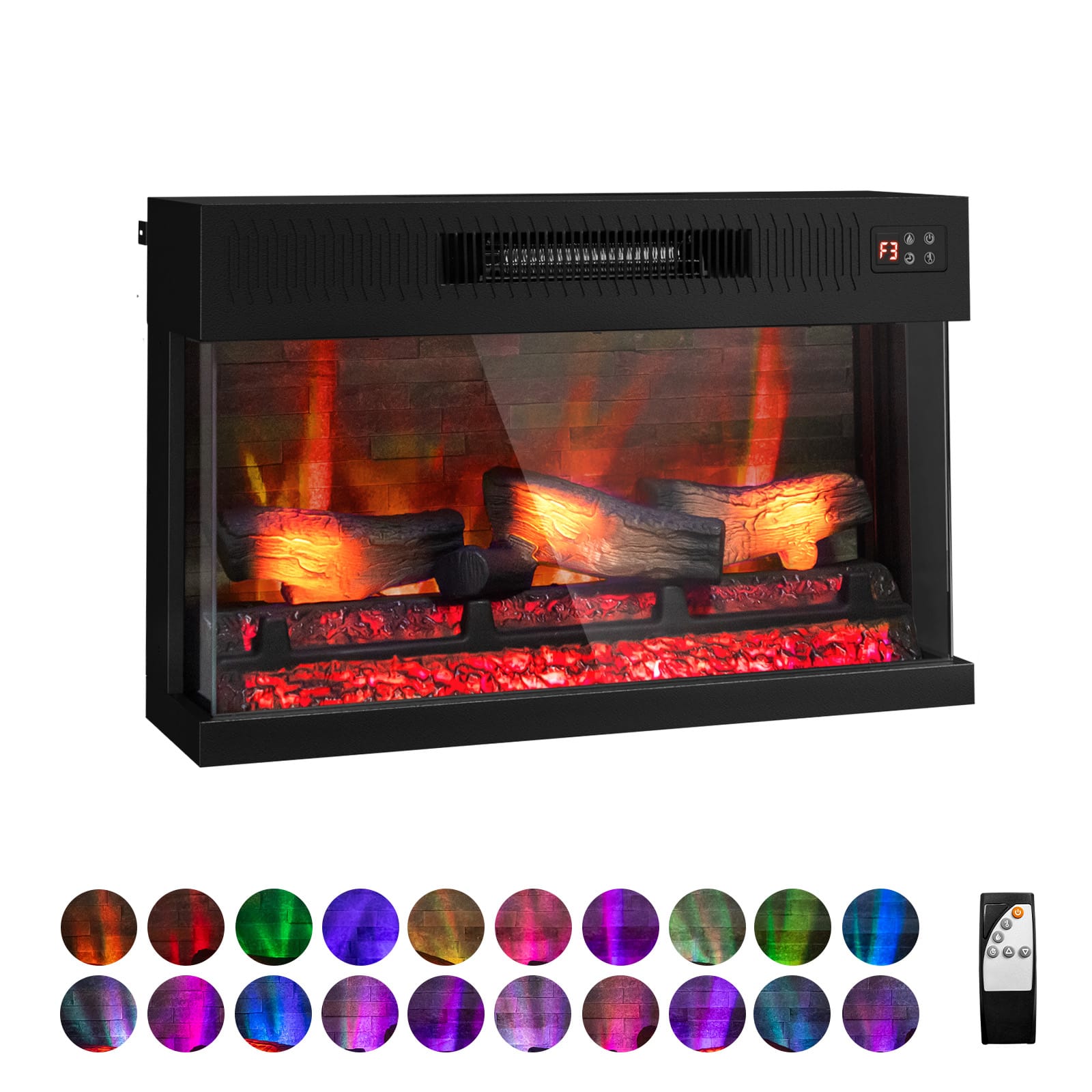 Winado - 28" Electric Fireplace Insert, 1-2-3 Sided View, Heater 1400W, Multi-color 20-color flame/Fake wood/heating wire - Black