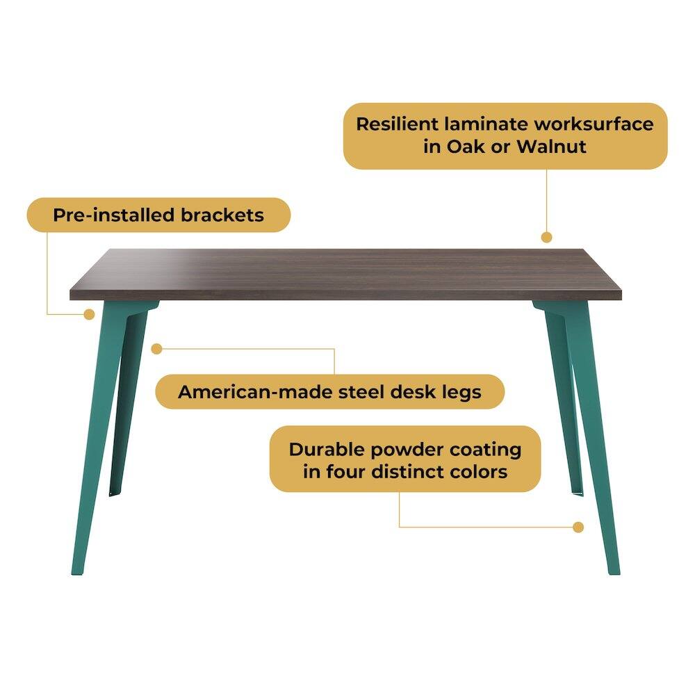 Resilient laminate worksurface in Oak or Walnut  
Pre-installed brackets  
American-made steel desk legs  
Durable powder coating in four distinct colors