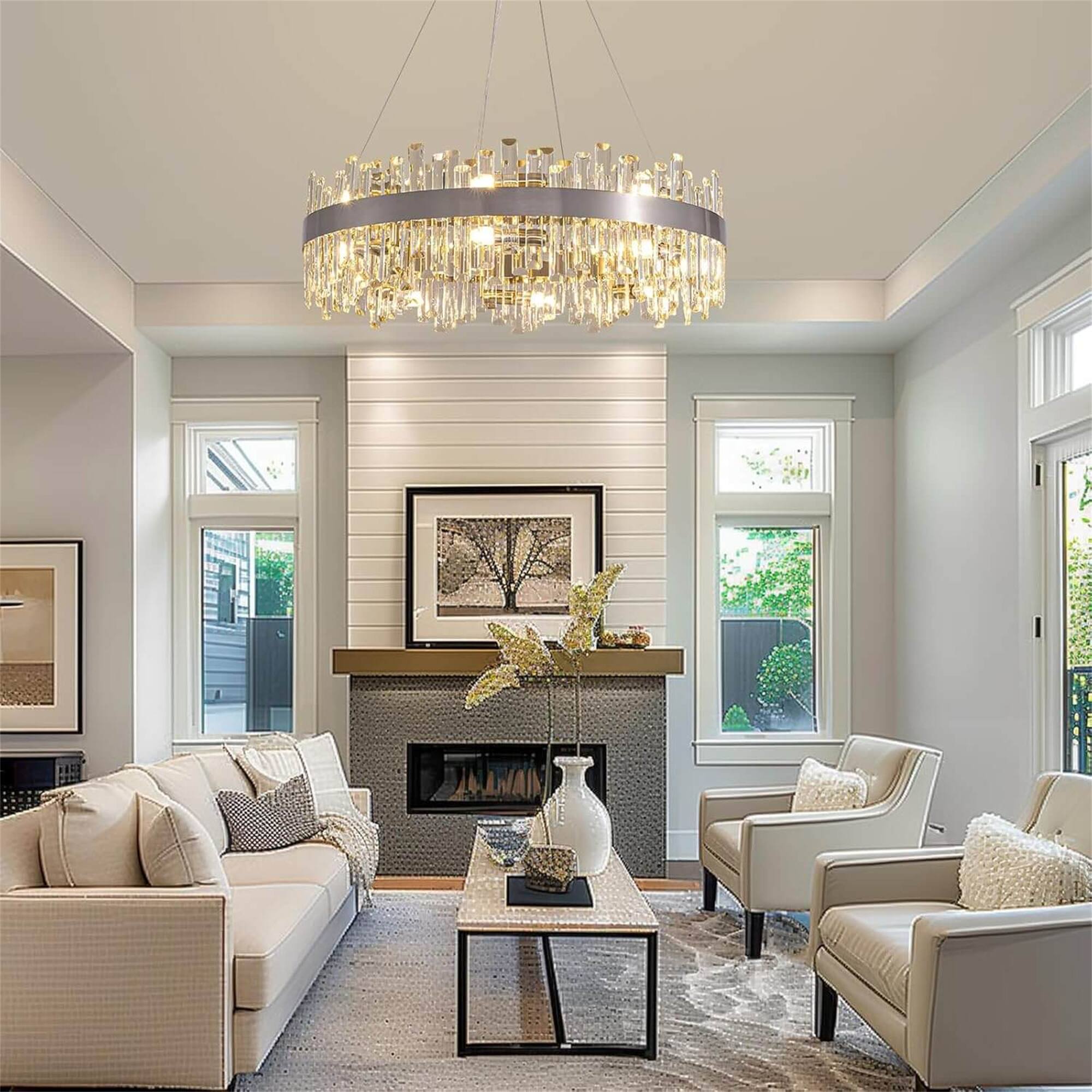 Alt View 4. Siljoy - 16-Light Chrome Silver Round K9 Crystal Raindrop Chandelier, 31.5" Luxury Flush Mount for Dining/Living/Entryway - Chrome.