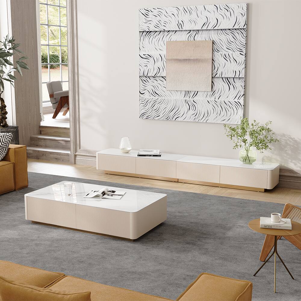Left. POVISON - 95" Long Fluted TV Stand with Glossy Sintered Stone Top, Beige  Entertainment Center  Fits TVs Up to 85 Inches - Beige.