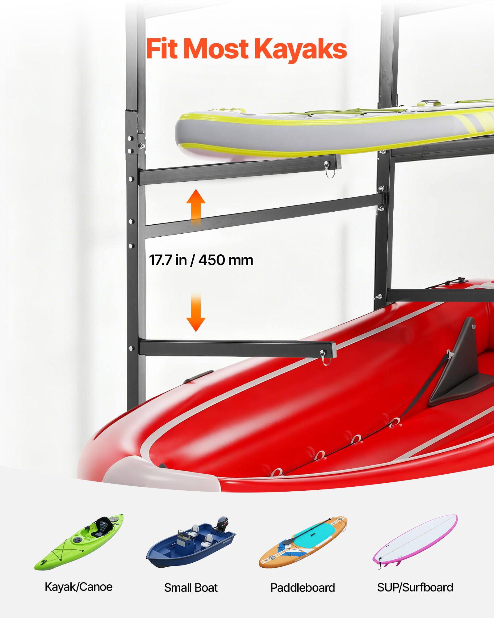 Fit Most Kayaks  
17.7 in / 450 mm  

Kayak/Canoe  
Small Boat  
Paddleboard  
SUP/Surfboard