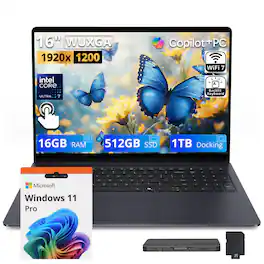 Dell - Upgraded - 16S 16" WUXGA Touch Laptop,Intel Core Ultra 7 355,16GB RAM,512GB SSD+1TB Dock Set,Backlit,Win 11 Pro - Celestial Blue