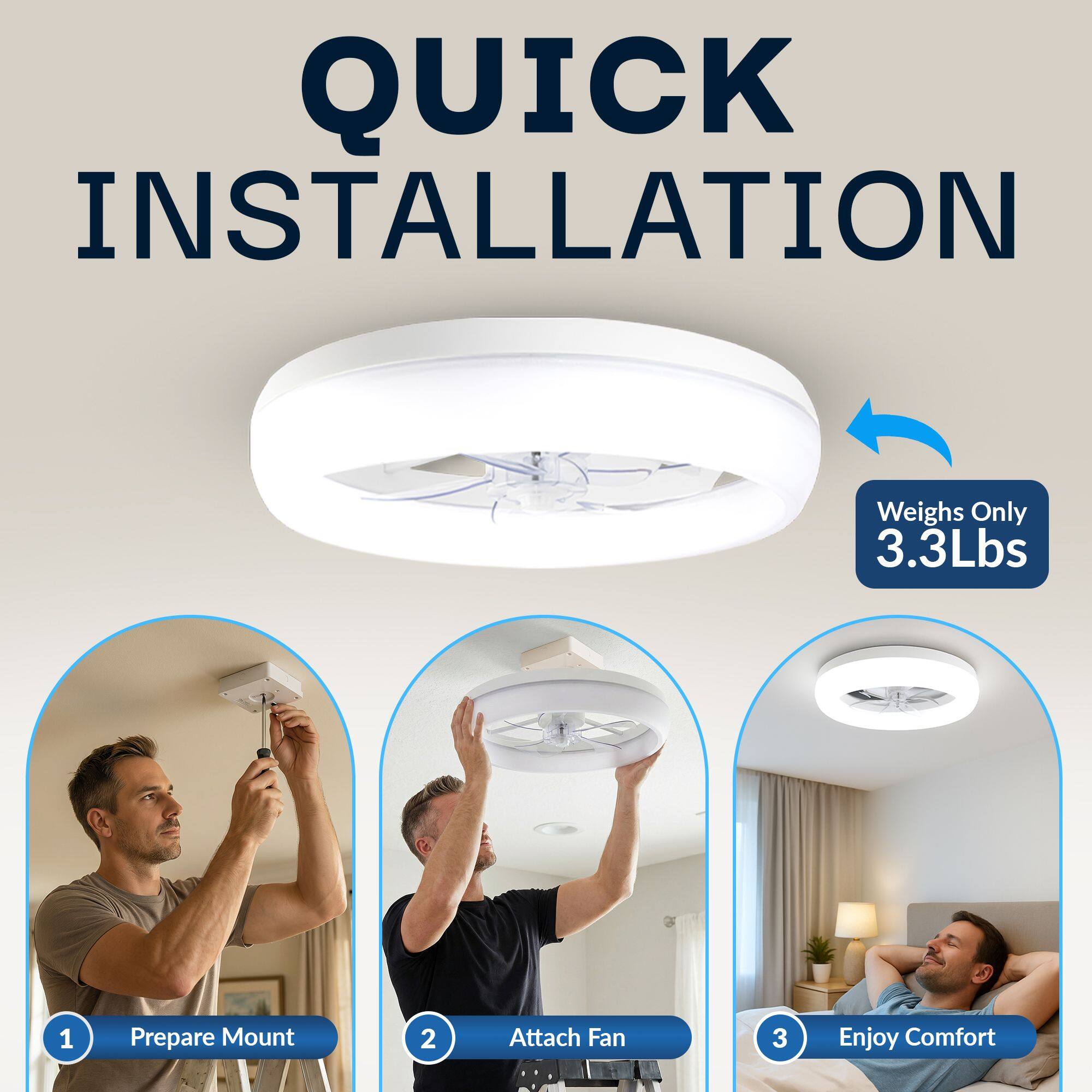 QUICK INSTALLATION  
Weighs Only 3.3Lbs  
1. Prepare Mount  
2. Attach Fan  
3. Enjoy Comfort