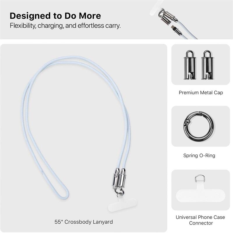 Designed to Do More. Flexibility, charging, and effortless carry. 55" Crossbody Lanyard. Premium Metal Cap. Spring O-Ring. Universal Phone Case Connector.