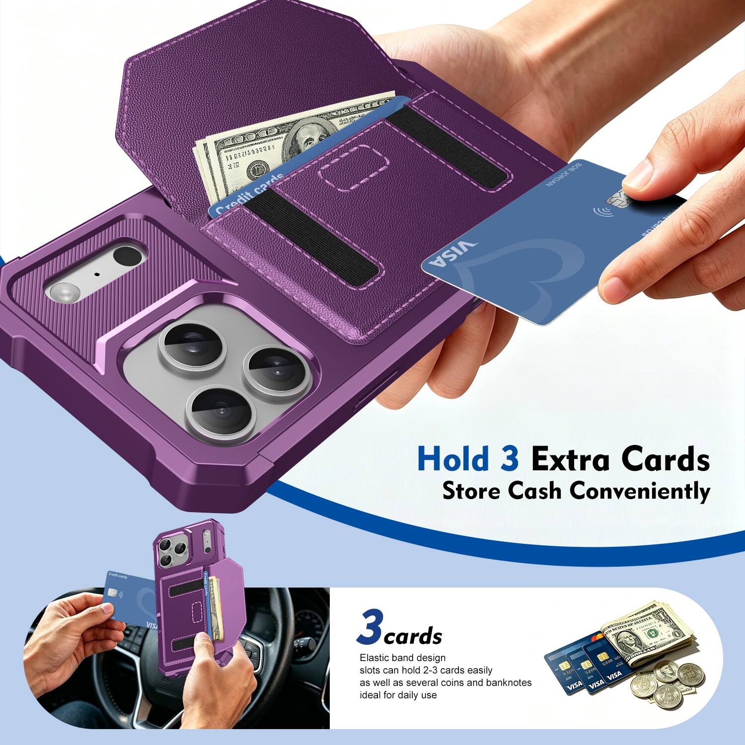 PESER 1 202933098 11 corde Credit VISA S YOOR Hold 3 Extra Cards Store Cash Conveniently MSa 3 3cards cards Elastic band design slots can hold 2-3 cards easily as well as several coins and banknotes ideal for daily use VISA VISA VISA