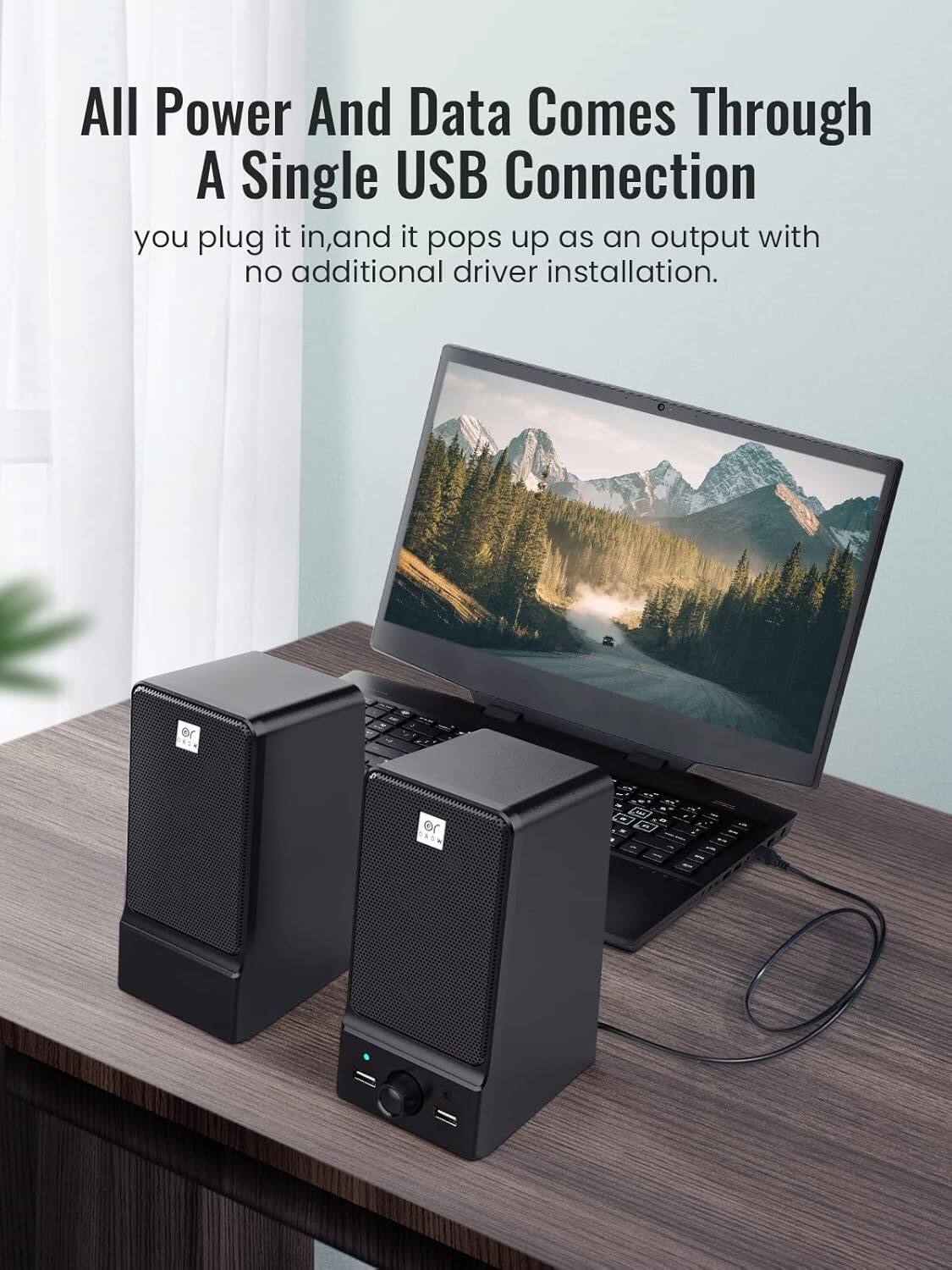 All Power And Data Comes Through A Single USB Connection

you plug it in, and it pops up as an output with no additional driver installation.