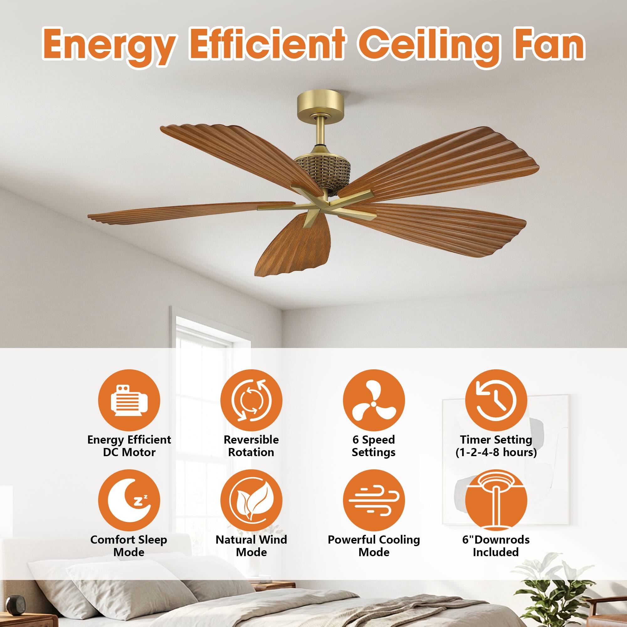 Energy Efficient Ceiling Fan

- Energy Efficient DC Motor
- Reversible Rotation
- 6 Speed Settings
- Timer Setting (1-2-4-8 hours)
- Comfort Sleep Mode
- Natural Wind Mode
- Powerful Cooling Mode
- 6" Downrods Included