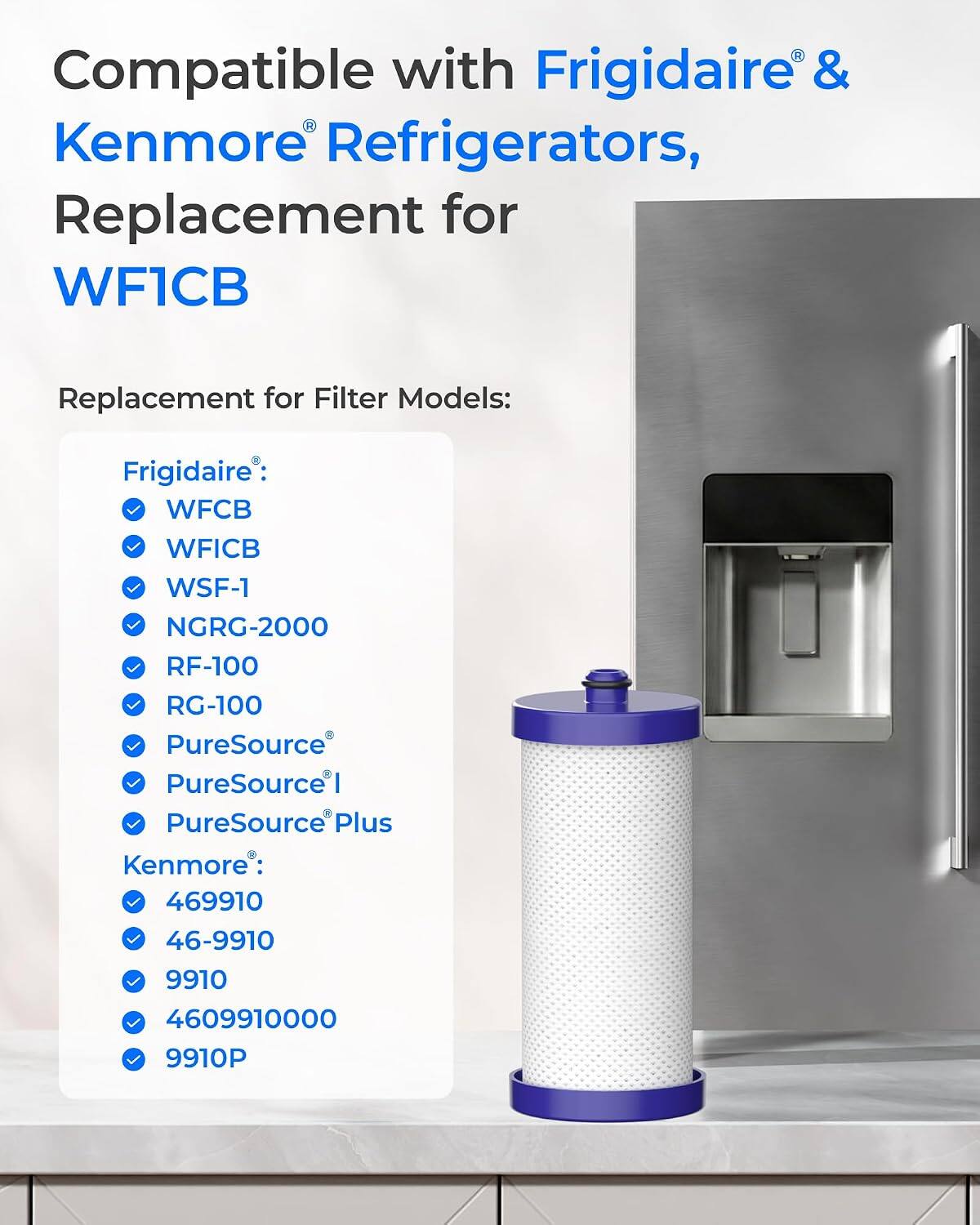 Compatible with Frigidaire & Kenmore Refrigerators, Replacement for WF1CB

Replacement for Filter Models:
Frigidaire:
- WF1CB
- WFICB
- WSF-1
- NGRG-2000
- RF-100
- RG-100
- PureSource
- PureSource I
- PureSource Plus

Kenmore:
- 469910
- 46-9910
- 9910
- 4609910000
- 9910P
