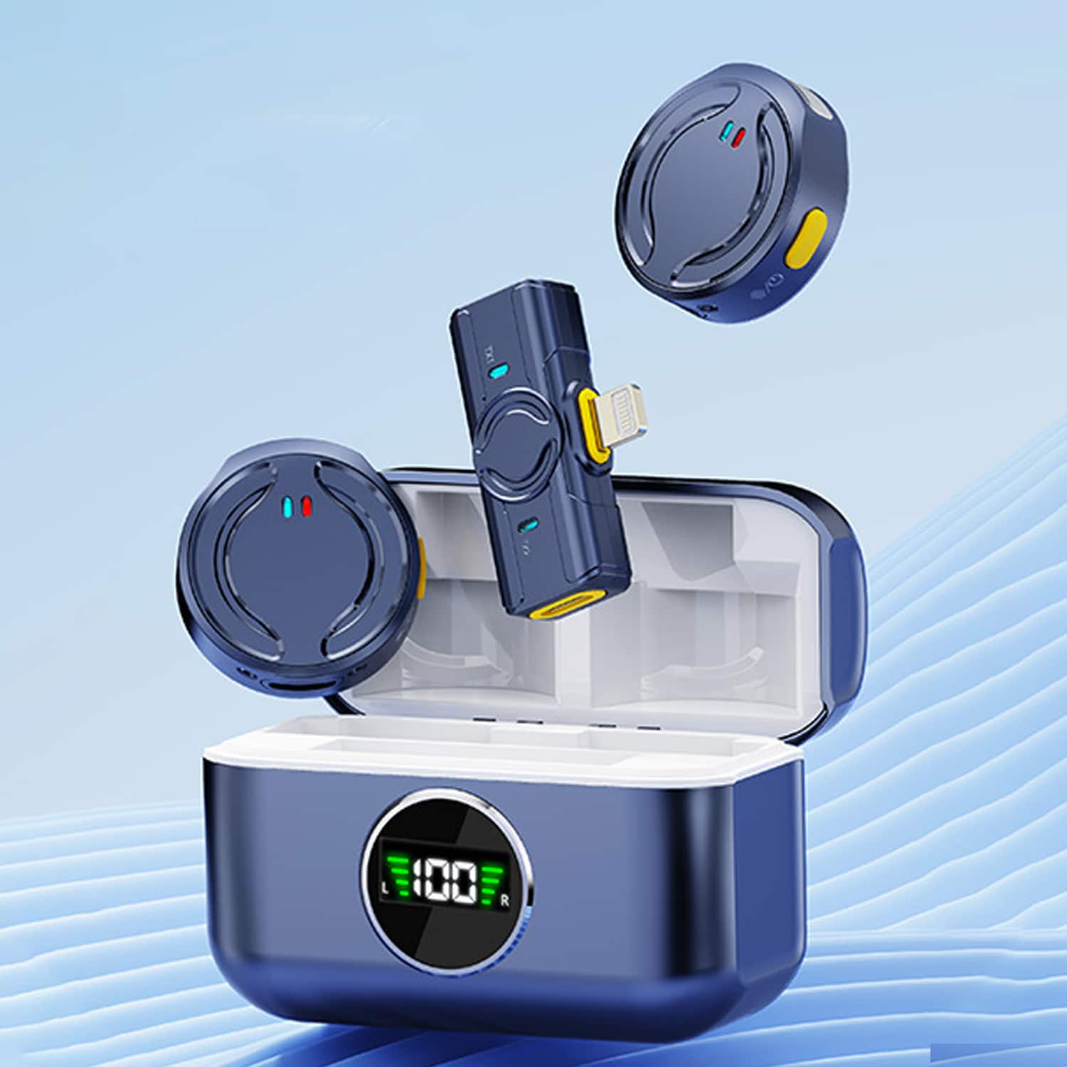 YONWAY - Wireless Lavalier Microphone, Noise Reduction, with 42H Charging Case, Mini Microphone (Lightning interface) - Blue