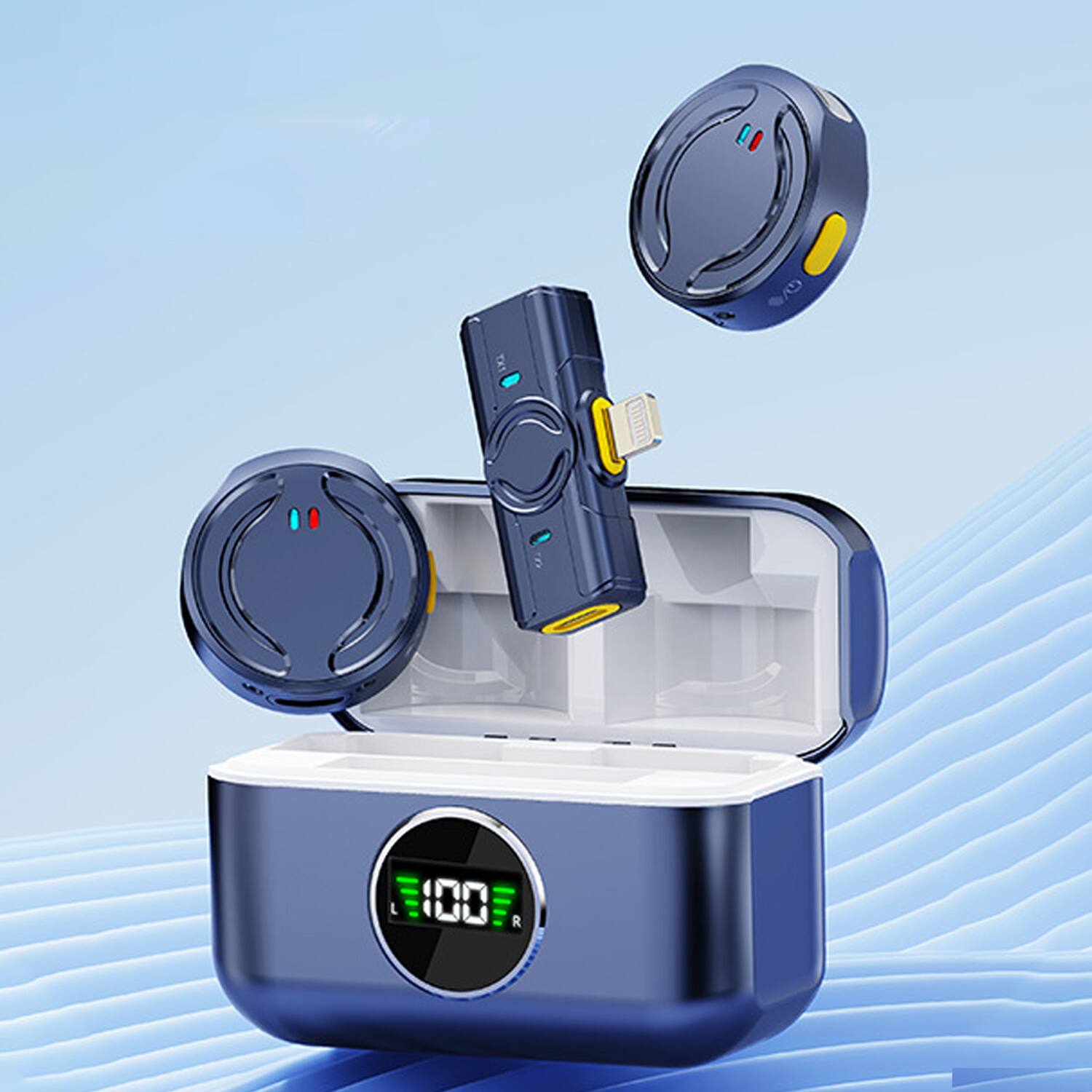 Front. YONWAY - YONWAY Wireless Lavalier Microphone, Noise Reduction, with 42H Charging Case, Mini Microphone (Lightning interface) - Blue.