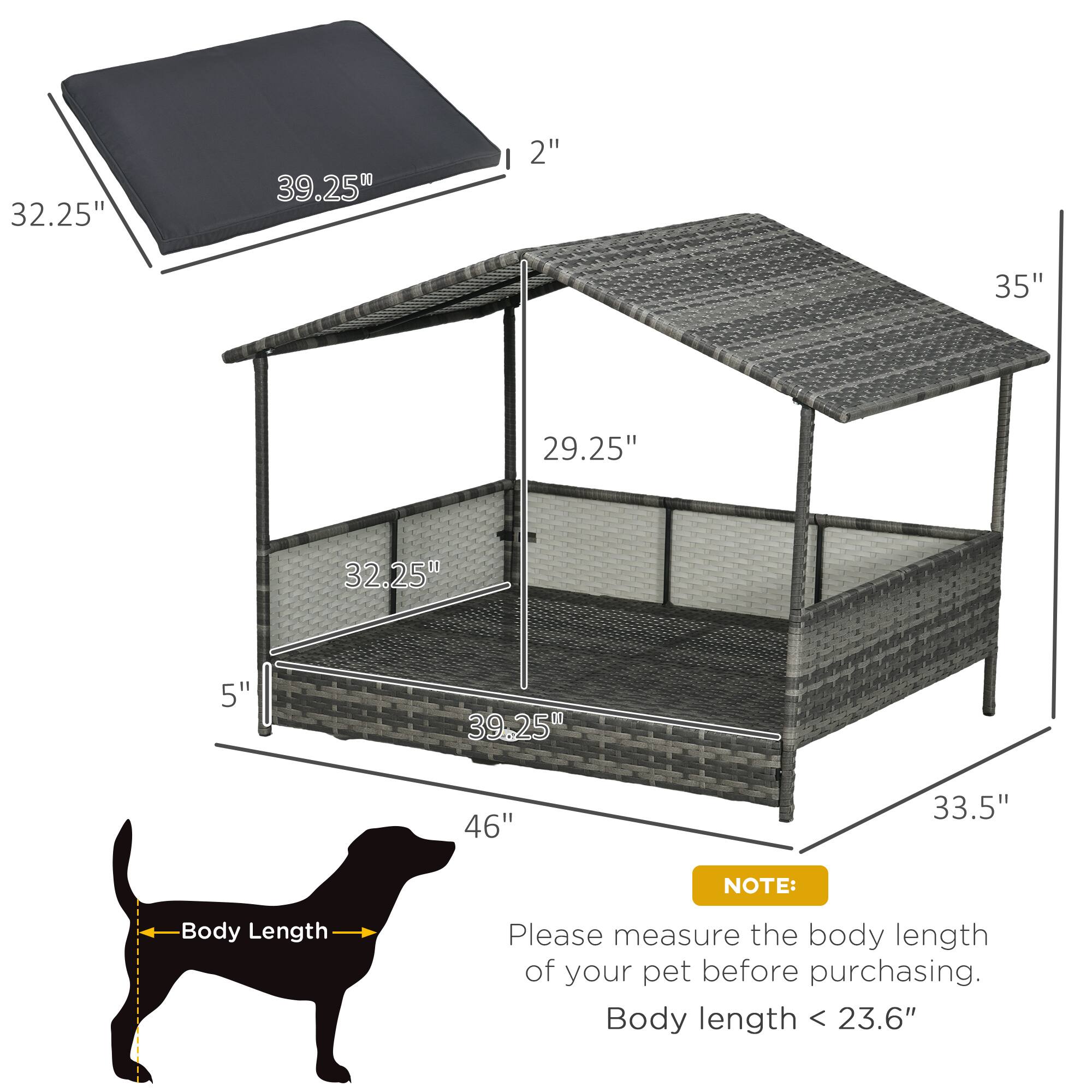 32.25"  
39.25"  
2"  
35"  
29.25"  
32.25"  
5"  
39.25"  
46"  
33.5"  

NOTE:  
Please measure the body length of your pet before purchasing.  
Body length < 23.6"