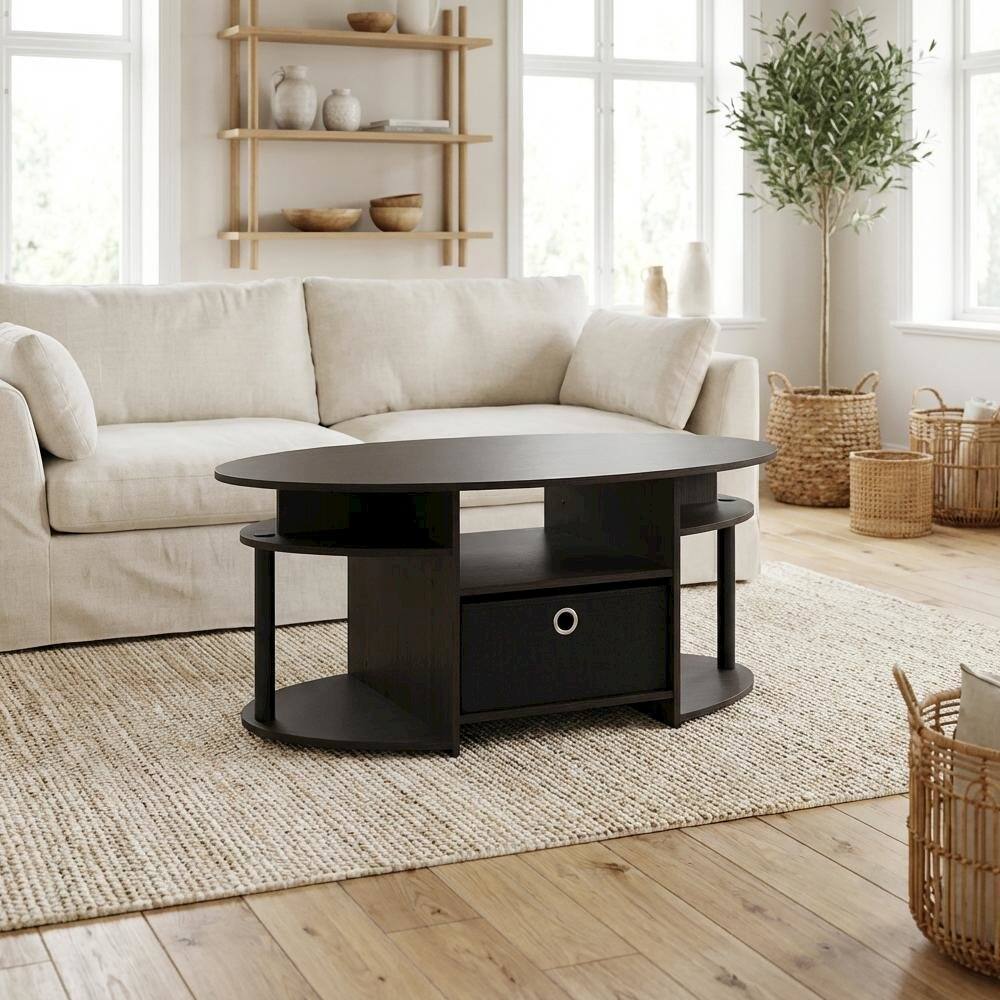 Left. FurniFact - Oval Walnut Coffee Table with Storage Bin and Simple Modern Design - Walnut.