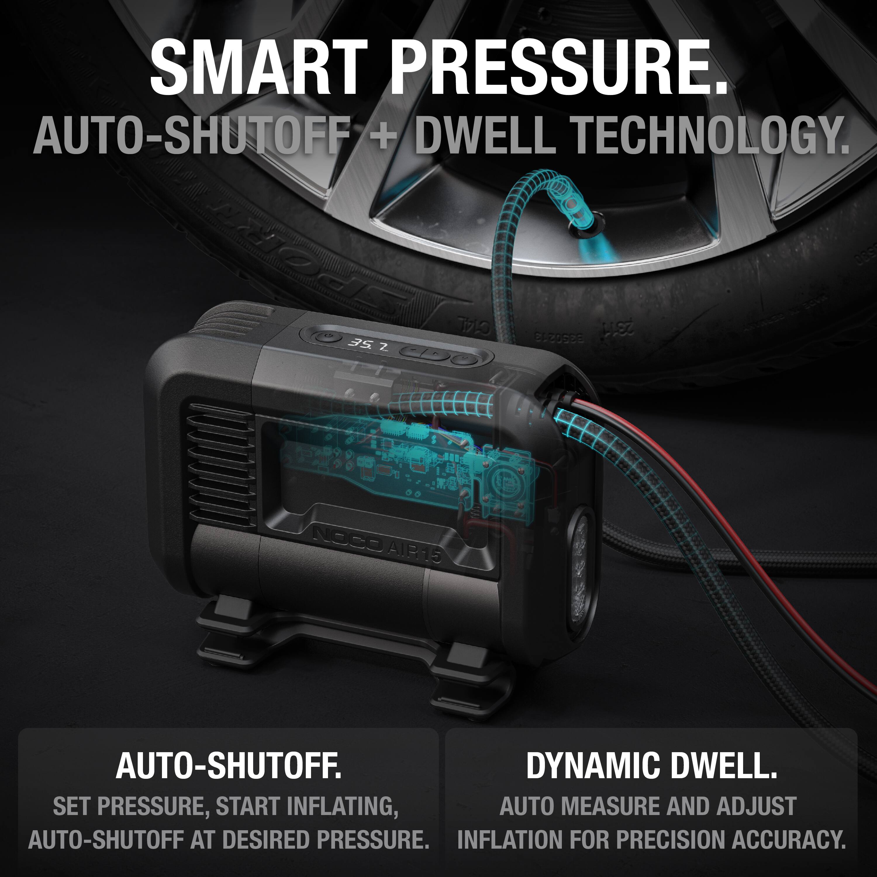 SMART PRESSURE.  
AUTO-SHUTOFF + DWELL TECHNOLOGY.  

AUTO-SHUTOFF:  
SET PRESSURE, START INFLATING, AUTO-SHUTOFF AT DESIRED PRESSURE.  

DYNAMIC DWELL:  
AUTO MEASURE AND ADJUST INFLATION FOR PRECISION ACCURACY.
