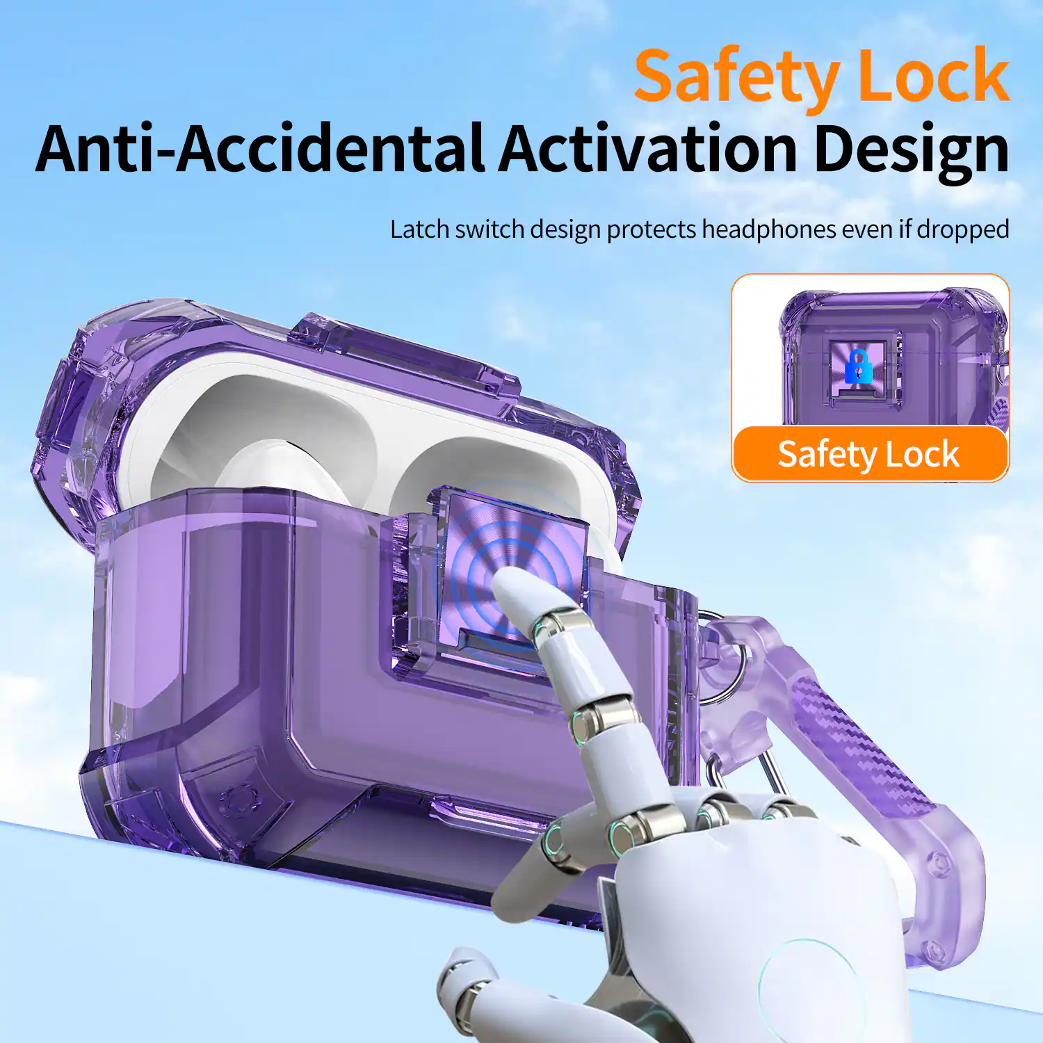 Safety Lock  
Anti-Accidental Activation Design  

Latch switch design protects headphones even if dropped  

Safety Lock