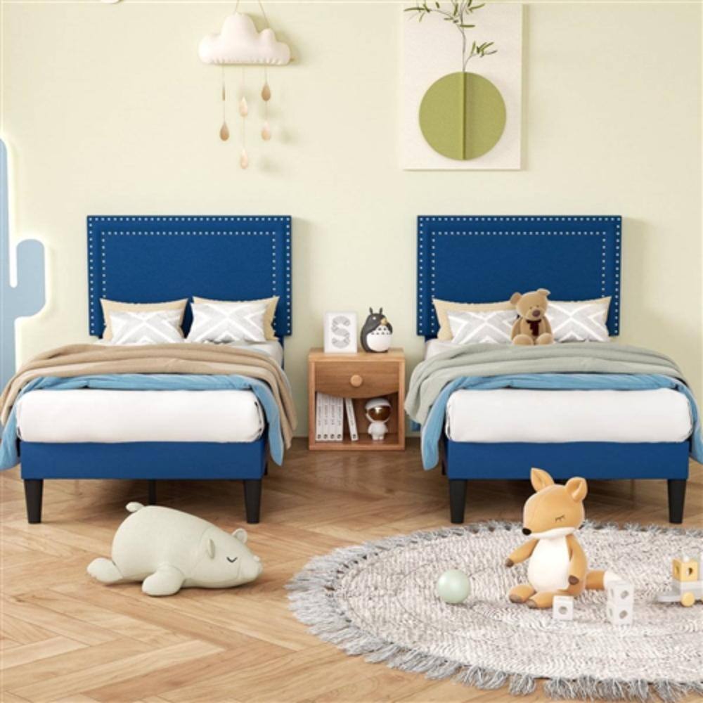 Angle. Hivvago - Set of 2 - Twin Dark Blue Upholstered Platform Bed with Nailhead Trim Headboard - Dark Blue.