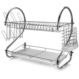 MegaChef - 16 Inch Two Shelf Dish Rack with Easily Removable Draining Tray, 6 Cup Hangers and Removable Utensil Holder - Silver