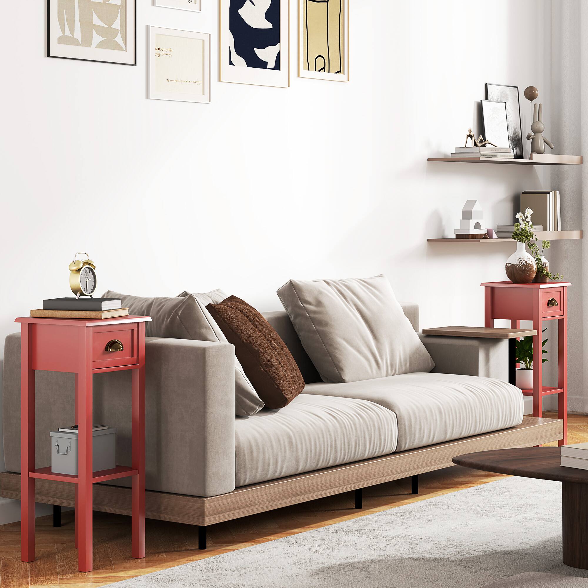 Alt View 2. Homcom - 2-Tier Side Table with Drawer, Narrow End Table with Bottom Shelf, for Living Room, Set of 2 - Red.