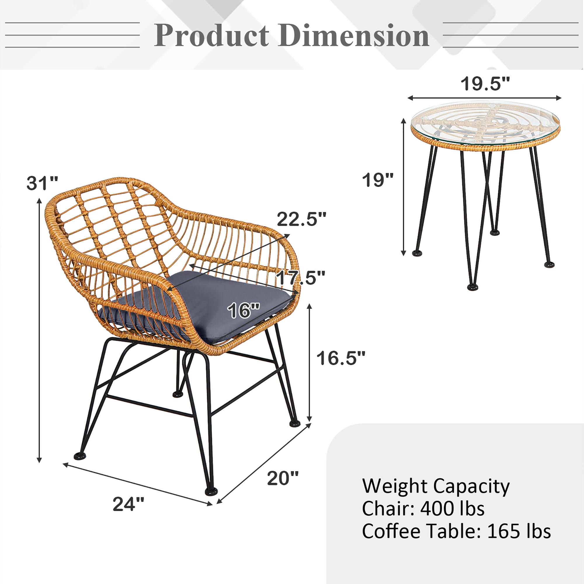 Product Dimension: 19.5", 31", 19", 22.5", 17.5", 16", 16.5", 24", 20"

Weight Capacity: Chair: 400 lbs, Coffee Table: 165 lbs