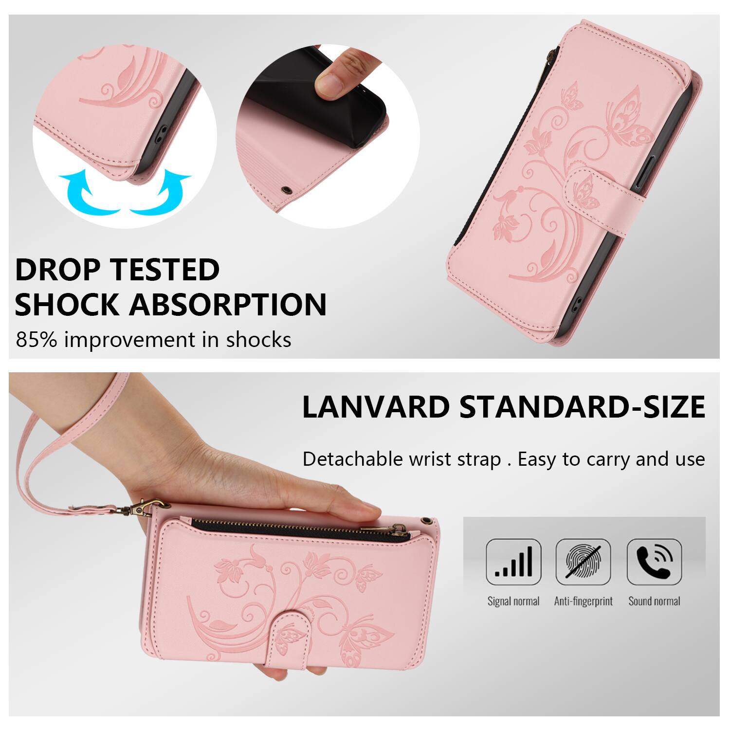 DROP TESTED SHOCK ABSORPTION  
85% improvement in shocks  

LANVARD STANDARD-SIZE  
Detachable wrist strap . Easy to carry and use  

Signal normal  
Anti-fingerprint  
Sound normal