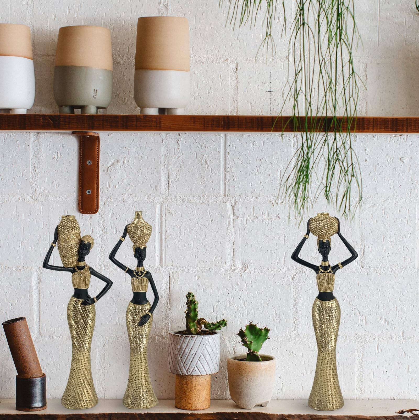 Alt View 2. Refined Abode Design - Women Water Pot Trio Statue - Golden Textured Sculptures Set Of 3 Traditional Daily Life Figurines For Home.