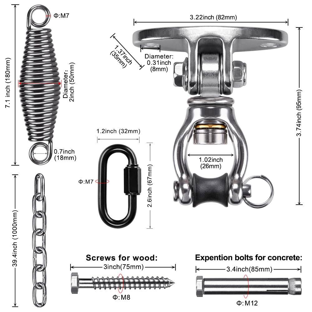 Sure, here is the corrected and grouped text from the image:

- **Spring:**
  - Diameter: 2 inch (50mm)
  - Height: 7.1 inch (180mm)
  - Diameter: 0.31 inch (8mm)
  - Thickness: 0.7 inch (18mm)

- **Hook:**
  - Diameter: 3.22 inch (82mm)
  - Width: 1.37 inch (35mm)
  - Height: 1.02 inch (26mm)

- **Chain:**
  - Length: 39.4 inch (1000mm)
  - Link Size: 1.2 inch (32mm)

- **Screws for wood:**
  - Length: 3 inch (75mm)
  - Diameter: M8

- **Expention bolts for concrete:**
  - Length: 3.4 inch (85mm)
  - Diameter: M12

- **Other Dimensions:**
  - 1 inch (25mm)
  - 2.6 inch (67mm)
  - 3.74 inch (