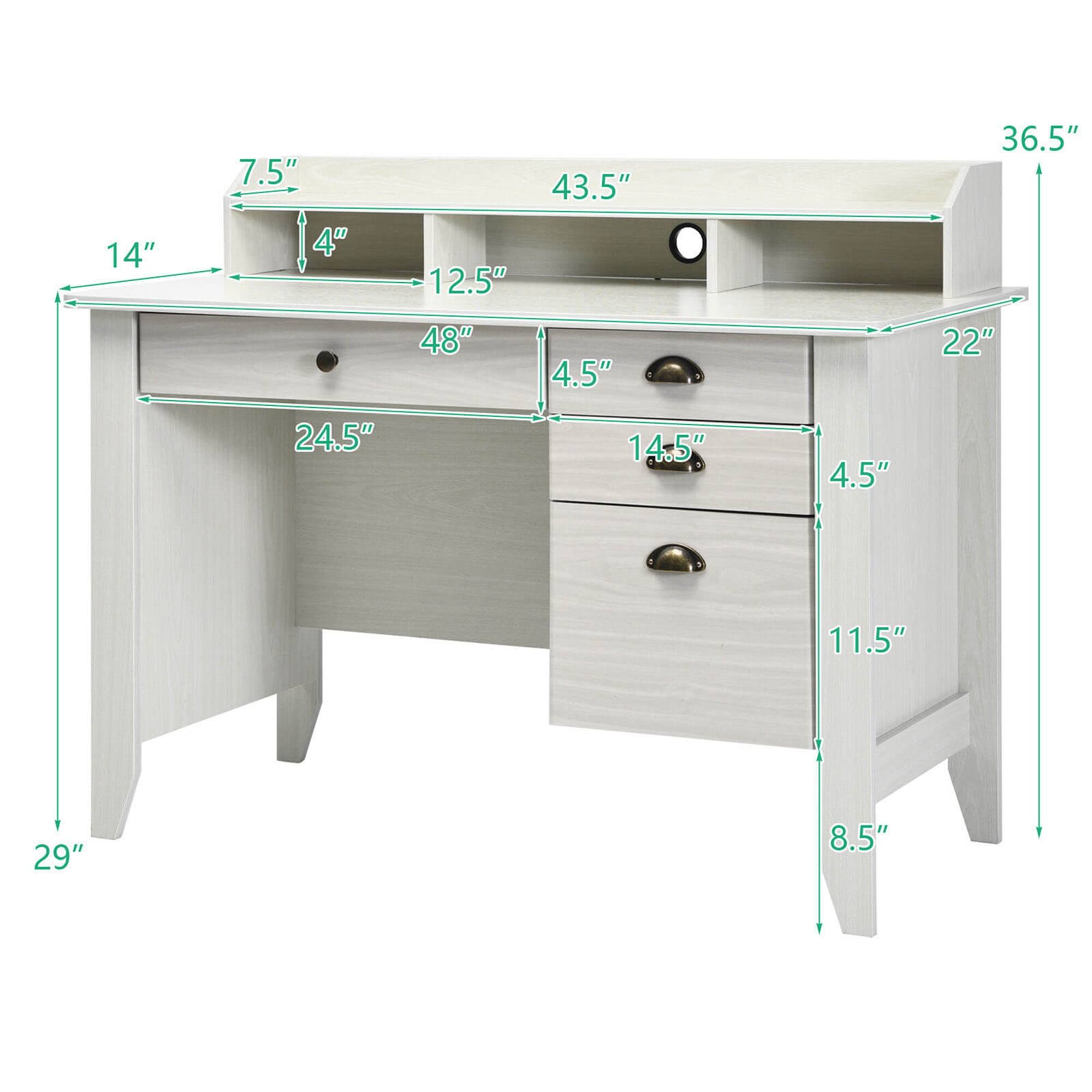 Width: 48", Depth: 29", Height: 36.5", Drawer 1: 14.5", Drawer 2: 14", Drawer 3: 11.5", Shelf: 43.5", Shelf Depth: 12.5", Shelf Height: 7.5", Leg: 8.5", Leg Width: 4.5", Leg Depth: 4.5", Leg Height: 22"