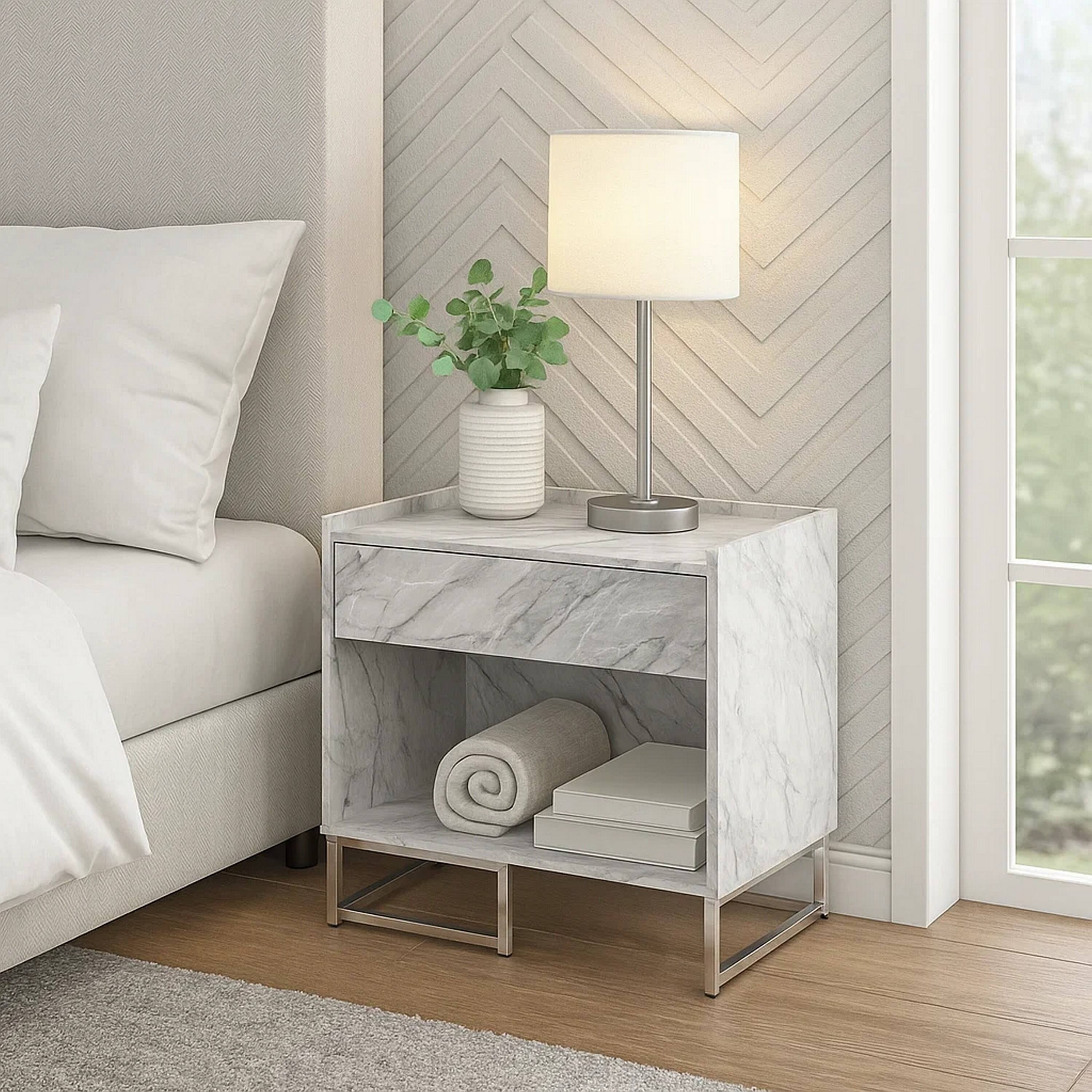 Alt View 5. Manhattan Lane - Faux Marble Accent Table with Chrome Finish - Blue and Gold.