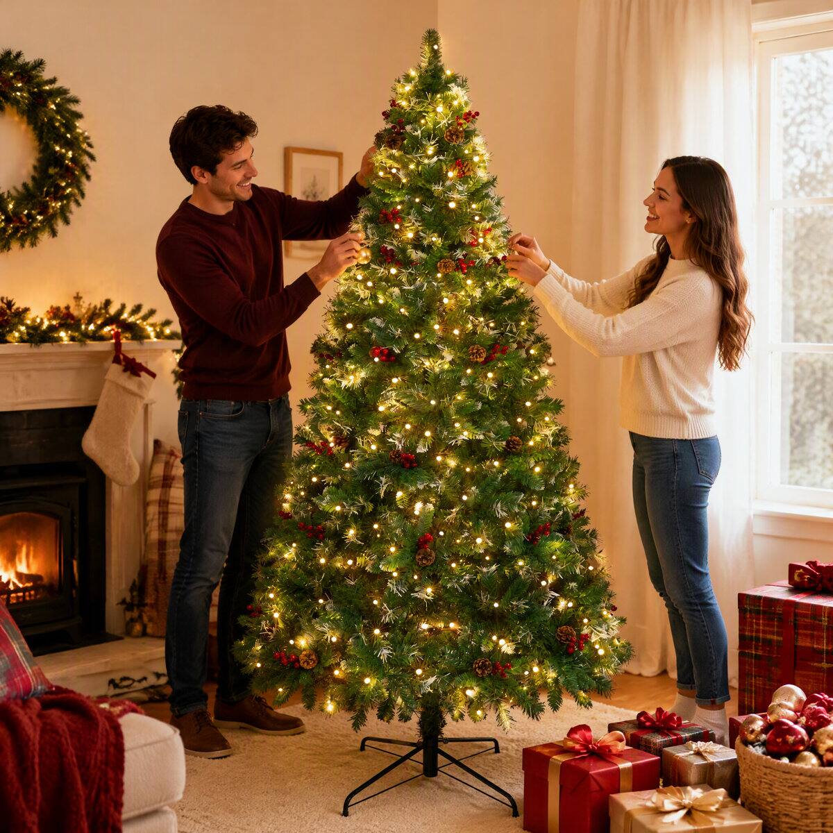 Angle. Wisairt - 6FT Pre-Lit Artificial Christmas Tree, 825 Tips Snow-Tipped Pine, 250 LED lights with 11 Modes Adjustable - Green.