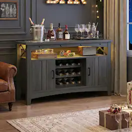 Aheaplus - Wine Cabinet with Charging Station and LED Lights, Liquor Cabinet with Movable Wooden Wine Rack - Gray Walnut