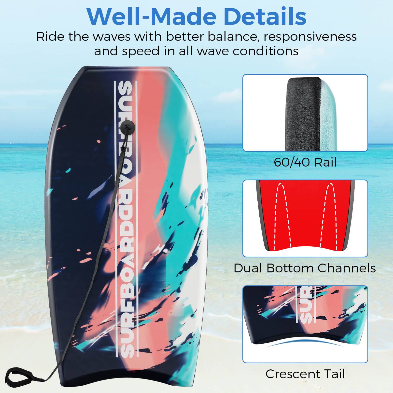 The image features a surfboard with a colorful design, which is described as having "well-made details." The surfboard is designed to provide better balance, responsiveness, and speed in all wave conditions. The surfboard is also equipped with a 60/40 rail and dual bottom channels, which are features of the Surfboardoh brand. Additionally, the surfboard has a crescent tail, which is a common design element for surfboards.