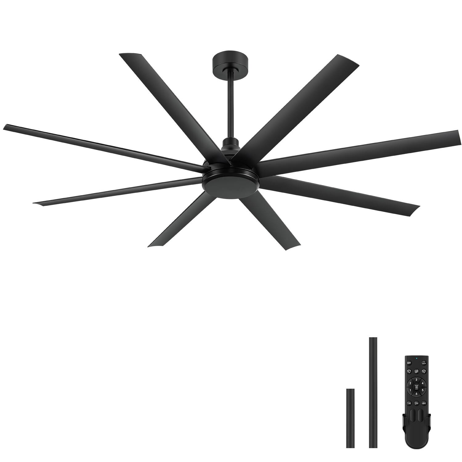 Angle. Breezary - 72" Large Indoor Ceiling Fan with Remote, 8 ABS Blades, 6-Speed DC Motor, Timer, 7''/12''Downrods, Light/No Light Option - Matte Black (Without Light).