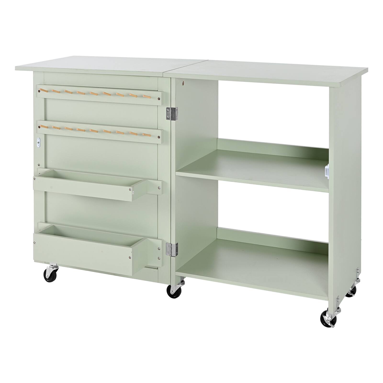 Alt View 5. VEVOR - Folding Sewing Table, Multipurpose Sewing Machine Table with Compact Design, Wheels, Wooden Pegs,Storage Trays and Shelf - Light Green.