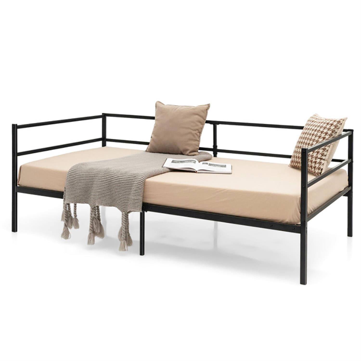 Alt View 5. Pefilos - Twin Size Metal Daybed Frame with Metal Slat Support and 3-Sided Guardrails, Modern Bed Frame for Teens, Black - Black.