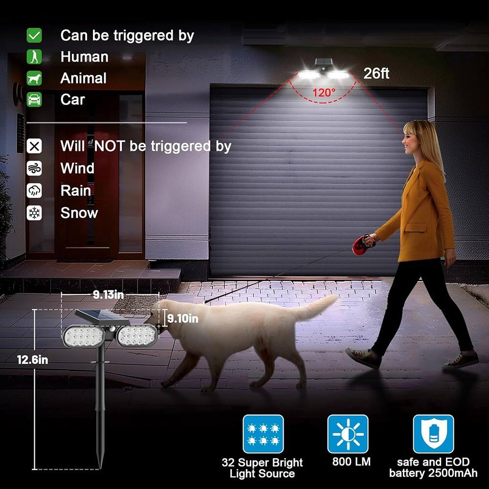 - Can be triggered by:
  - Human
  - Animal
  - Car

- Will NOT be triggered by:
  - Wind
  - Rain
  - Snow

- 26ft range
- 120° detection angle

- Dimensions:
  - 12.6in (height)
  - 9.13in (width)
  - 9.10in (depth)

- Features:
  - 32 Super Bright Light Source
  - 800 LM
  - Safe and EOD battery 2500mAh