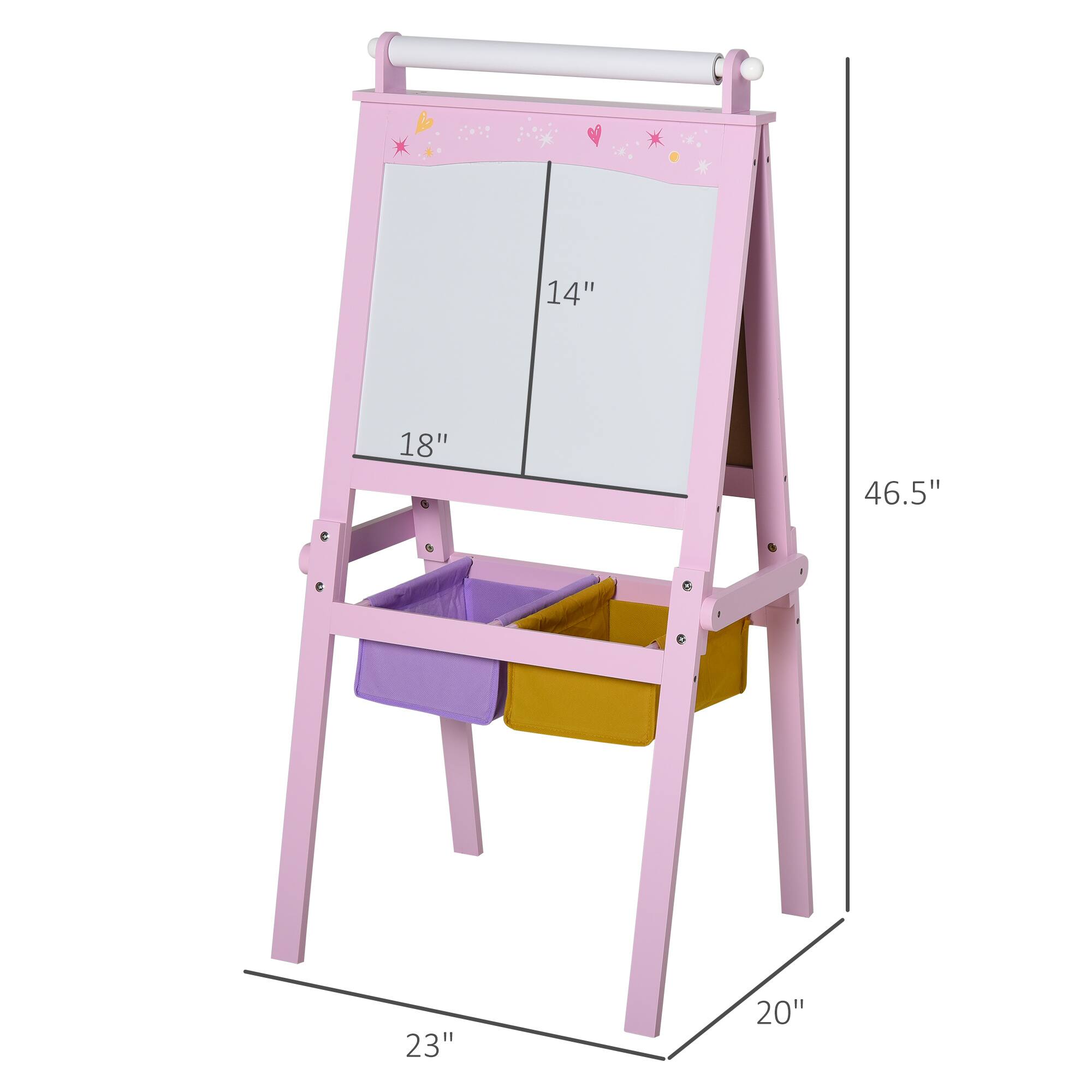 Left. Qaba - 3 In 1 Kids Wooden Art Easel with Paper Roll, Double-Sided Chalkboard & Whiteboard, Storage Baskets, Gift.