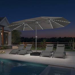 PURPLE LEAF - 15 ft. Patio Market Umbrella with Solar LED and Base Double-Sided Outdoor Table Sun Umbrellas for Pool Deck Backyard - Light Gray
