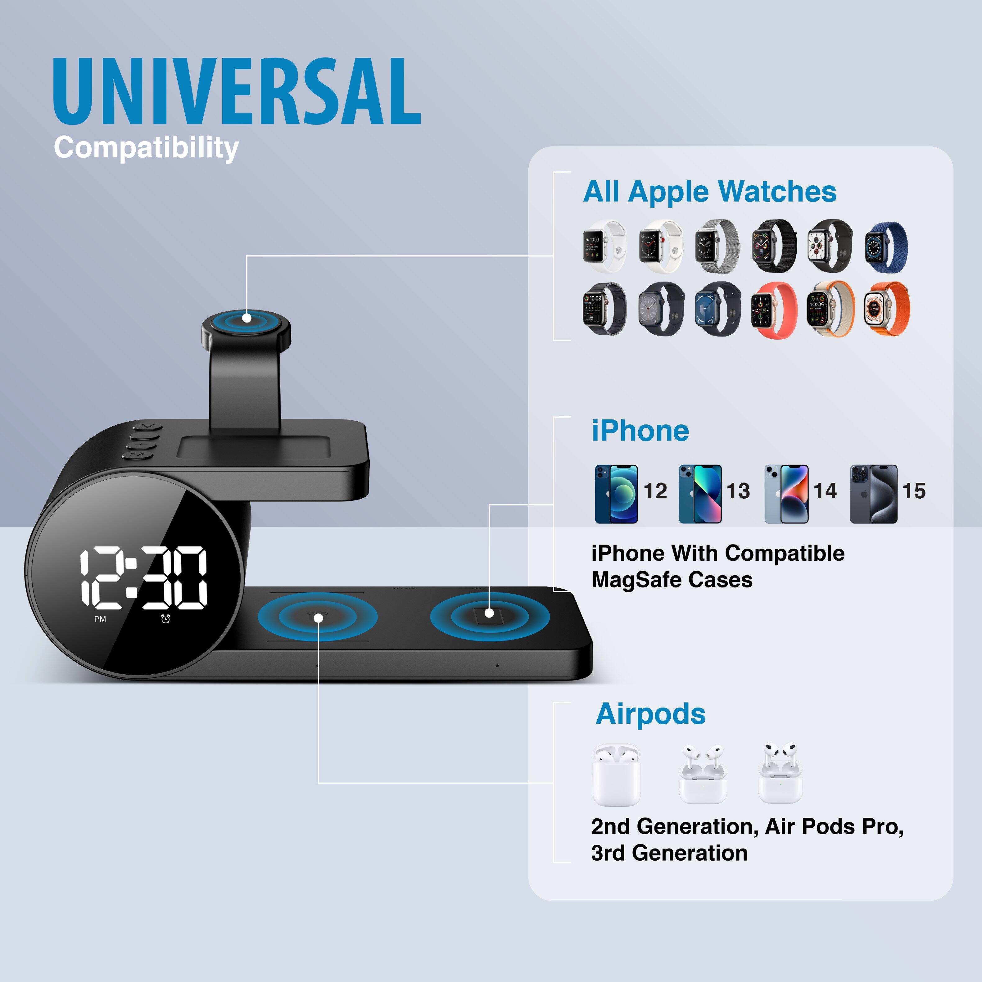 UNIVERSAL Compatibility
All Apple Watches
iPhone 12, 13, 14, 15
iPhone With Compatible MagSafe Cases
Airpods 2nd Generation, Air Pods Pro, 3rd Generation