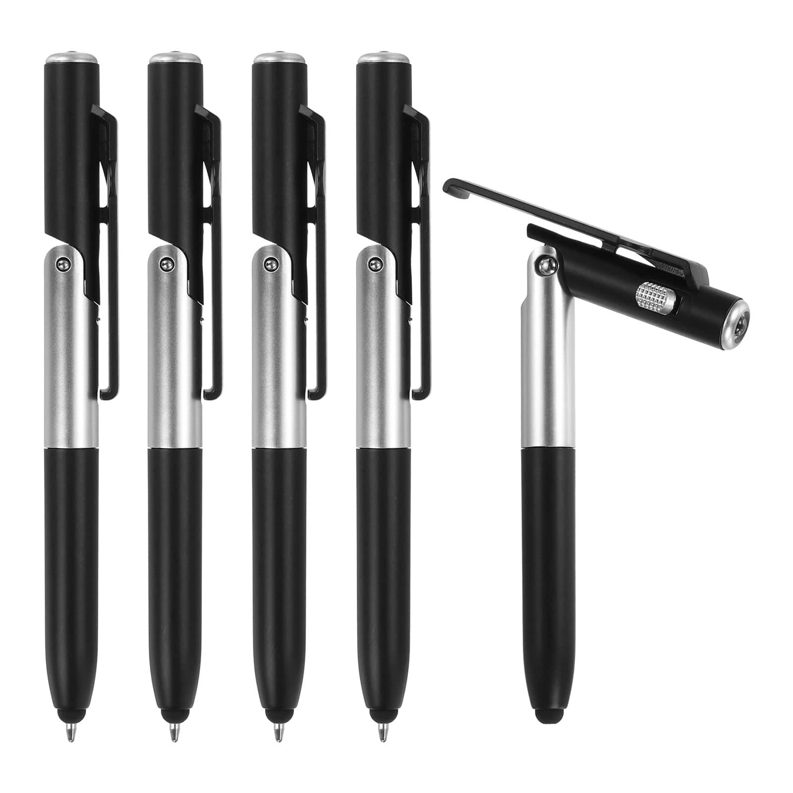 Unique Bargains - 5pcs Multifunction Stylus Pen Capacitive Ballpoint Pens with LED Light, Foldable Phone Holder Stand - Black