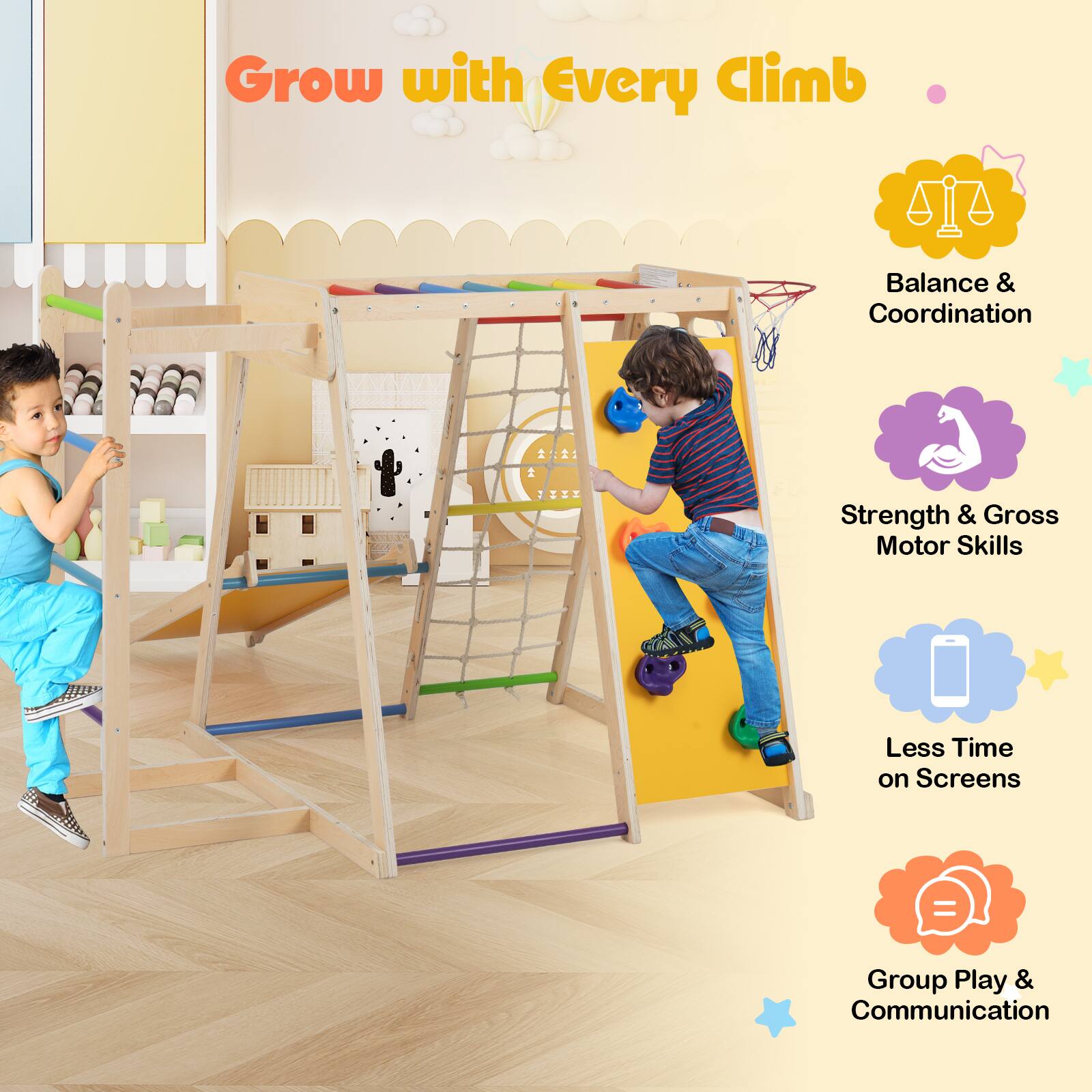 Grow with Every Climb

- Balance & Coordination
- Strength & Gross Motor Skills
- Less Time on Screens
- Group Play & Communication