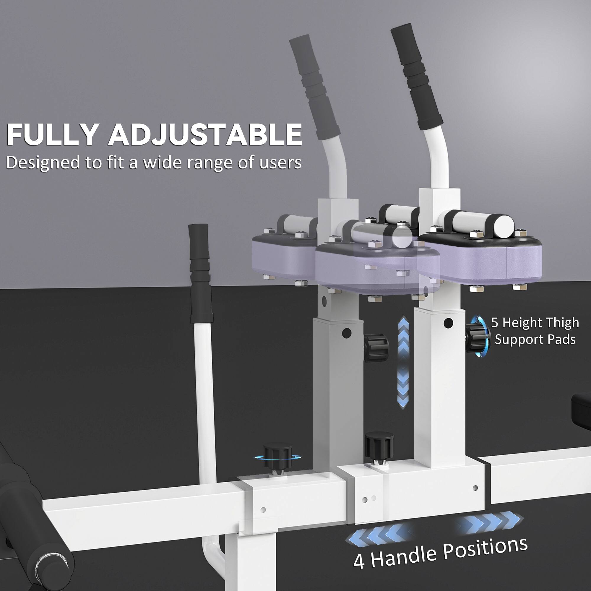 FULLY ADJUSTABLE  
Designed to fit a wide range of users  

5 Height Thigh Support Pads  

4 Handle Positions