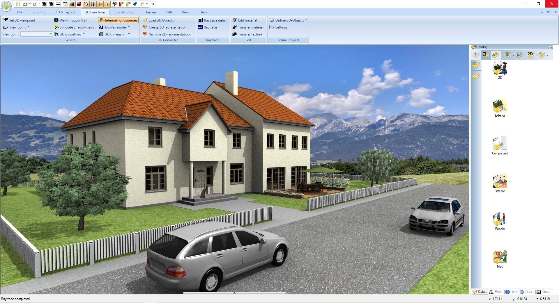 2D D 2 x Eile Building Set 30 viewpoint View point View point 2D & Layout 30 Functions Construction Walkthrough (F2) Internal light sources Simulate Shadow path... C Display mode ID guidelines ID dimension General Terrain Edit View Help Load 3D Objects... Raytrace detail Create 2D representation.. Raytrace Remove 2D-representation... 3D Converter Raytrace Edit material Transfer material Transfer texture Edit Online 3D-Objects Settings Online Objects Catalog a 2D x 20 1 Exterior Component Interior People 3 Mac Catalog... Pres Help Area D Que Raytrace completed x 1.7111 Y -6.0134 2 65119