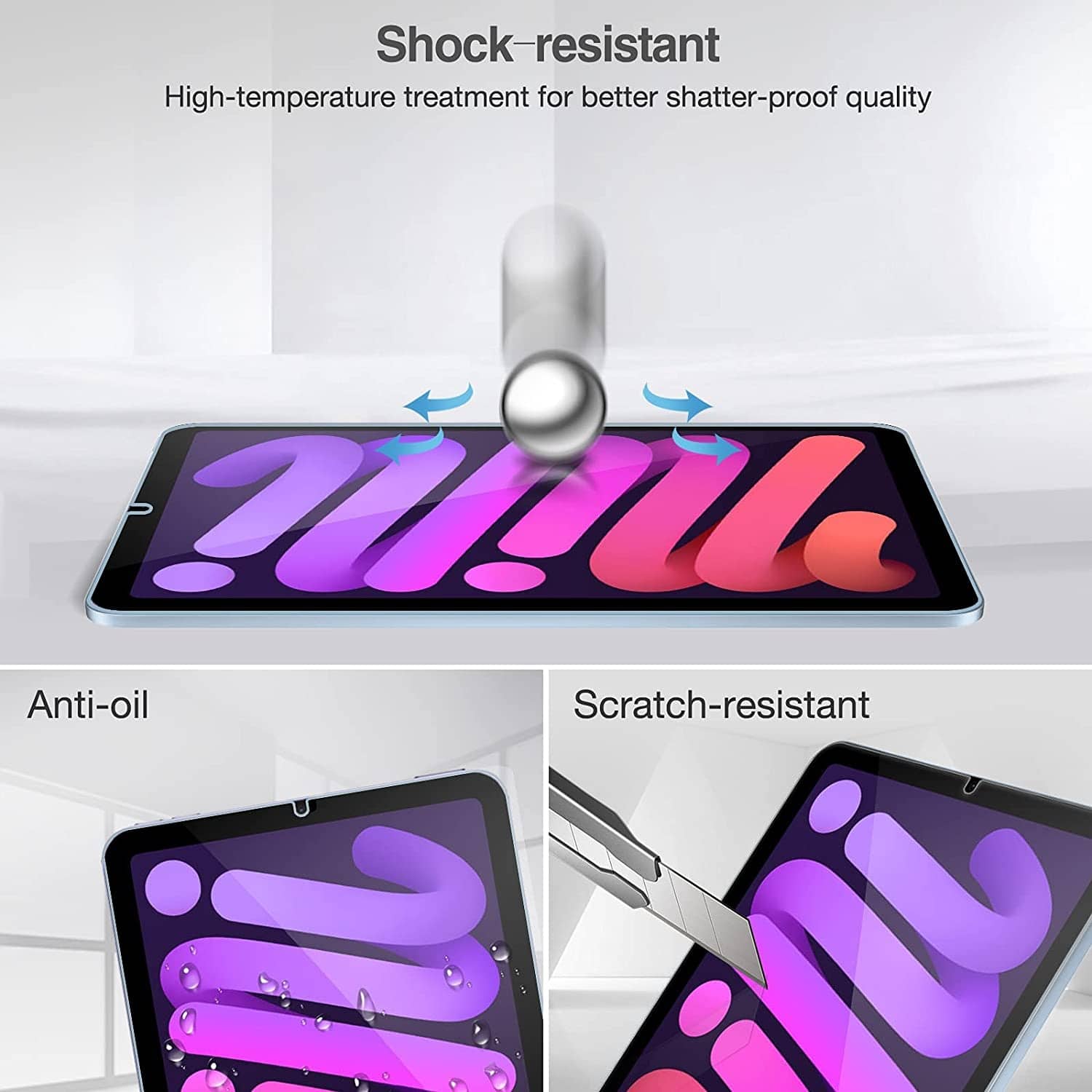 Shock-resistant: High-temperature treatment for better shatter-proof quality.
Anti-oil: Scratch-resistant.
