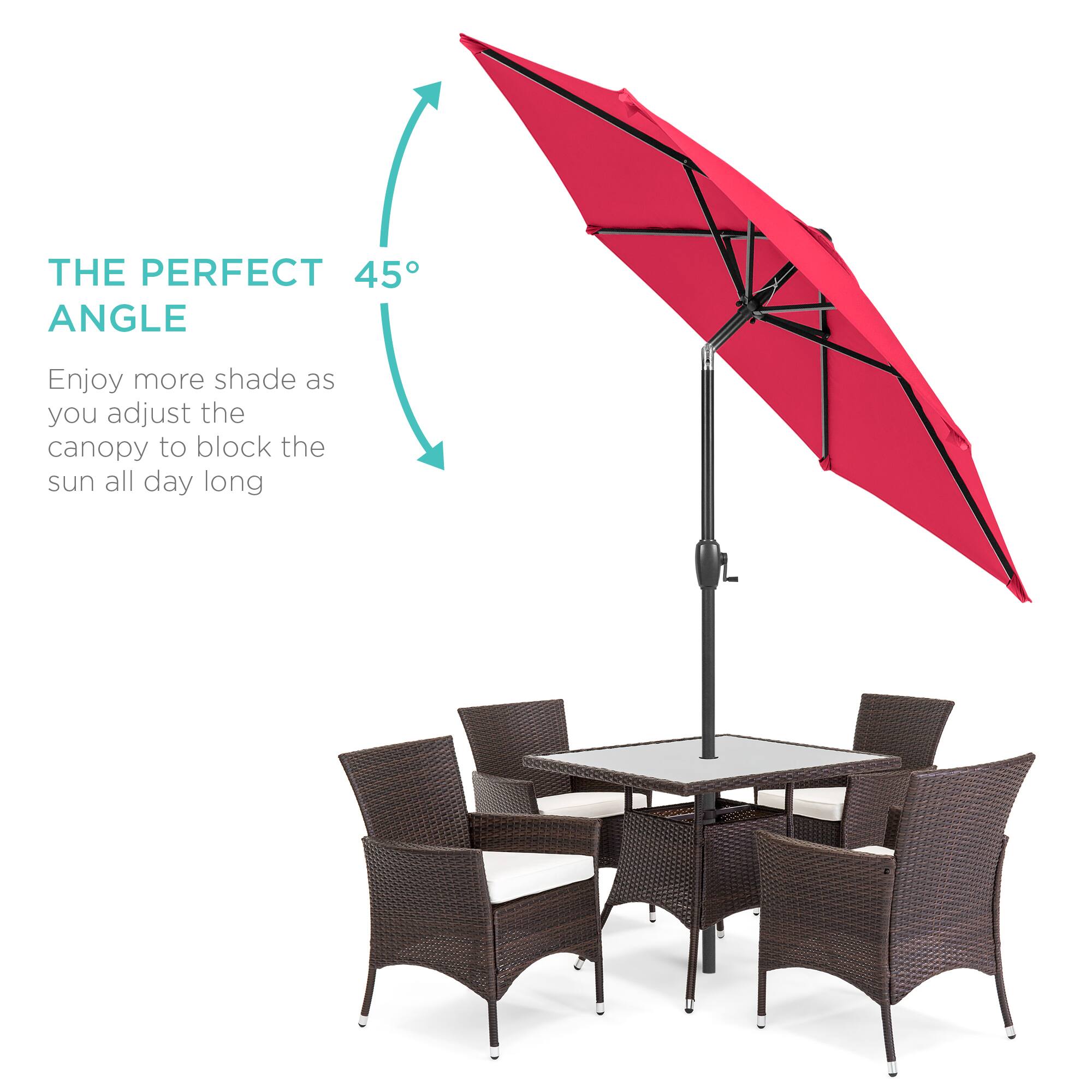 The perfect 45° angle. Enjoy more shade as you adjust the canopy to block the sun all day long.