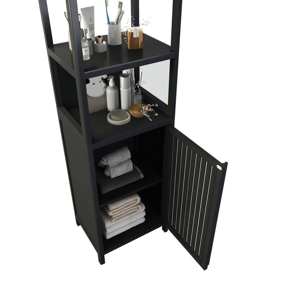 Alt View 5. Kadyn - BLACK  Storage Tall Slim Cabinet with Shutter Door and 3 Tier Shelves, Freestanding Linen Tower Cabinet, Natural Bamboo - Black.