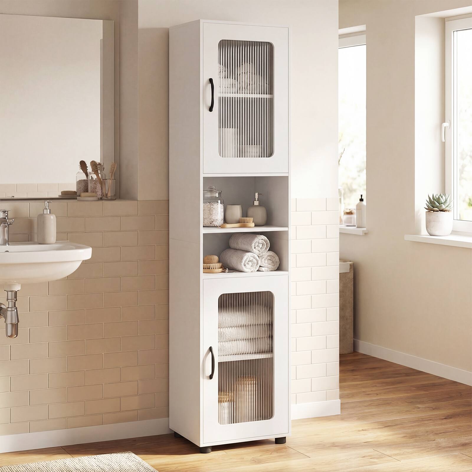 Alt View 1. Costway - Costway Bathroom Cabinet, Slim Floor Storage Cabinet with 2 Fluted Doors,4 Rubber Feet - White.