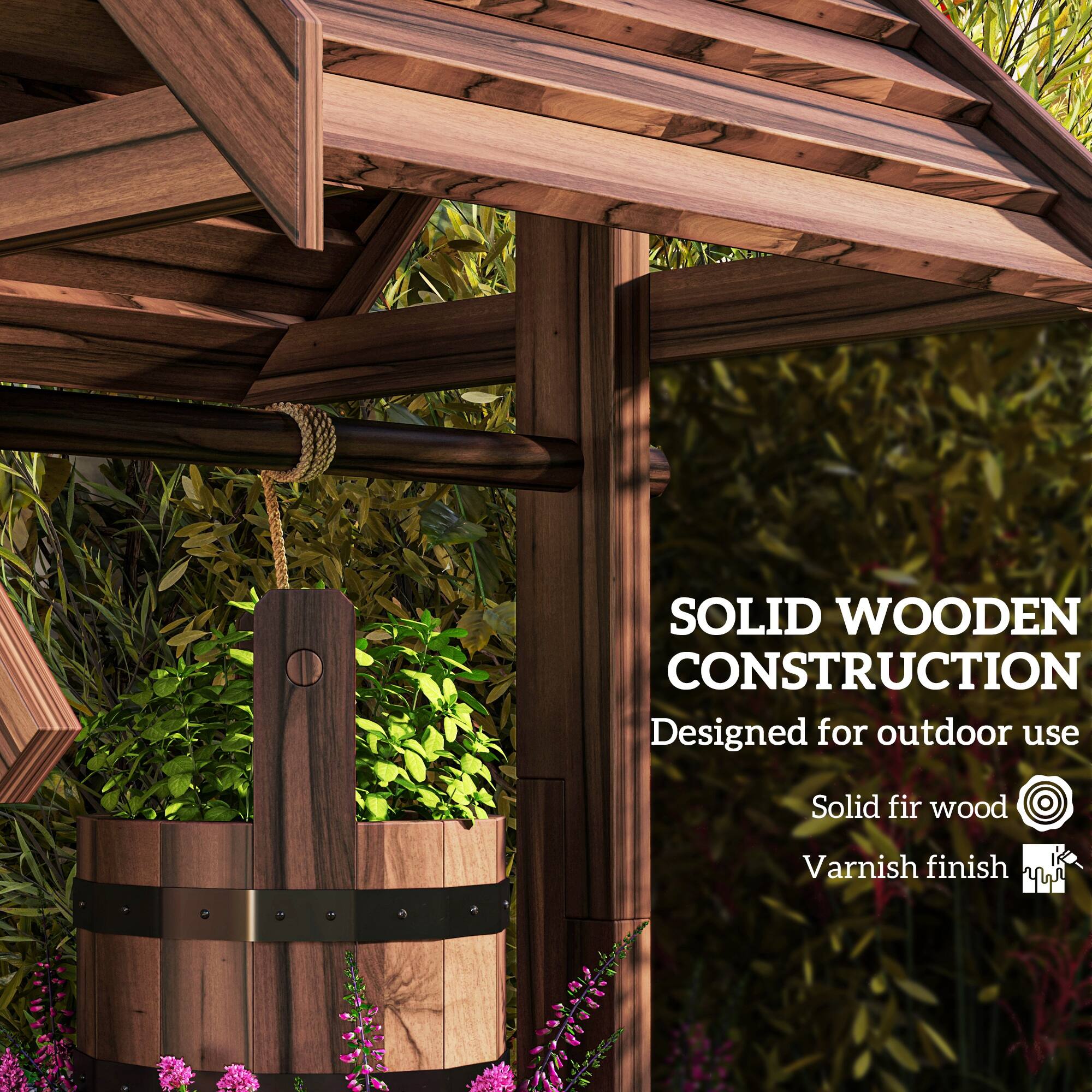 SOLID WOODEN CONSTRUCTION  
Designed for outdoor use  
Solid fir wood  
Varnish finish