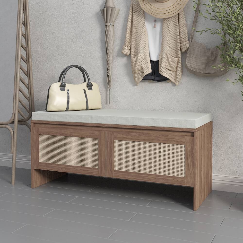 Alt View 9. Ropilly - Ropilly Rattan Storage Bench with Cushion, Mid-Century Modern Wood Entryway Seat Shoe Cabinet with Doors, Natural Finish - Natural.