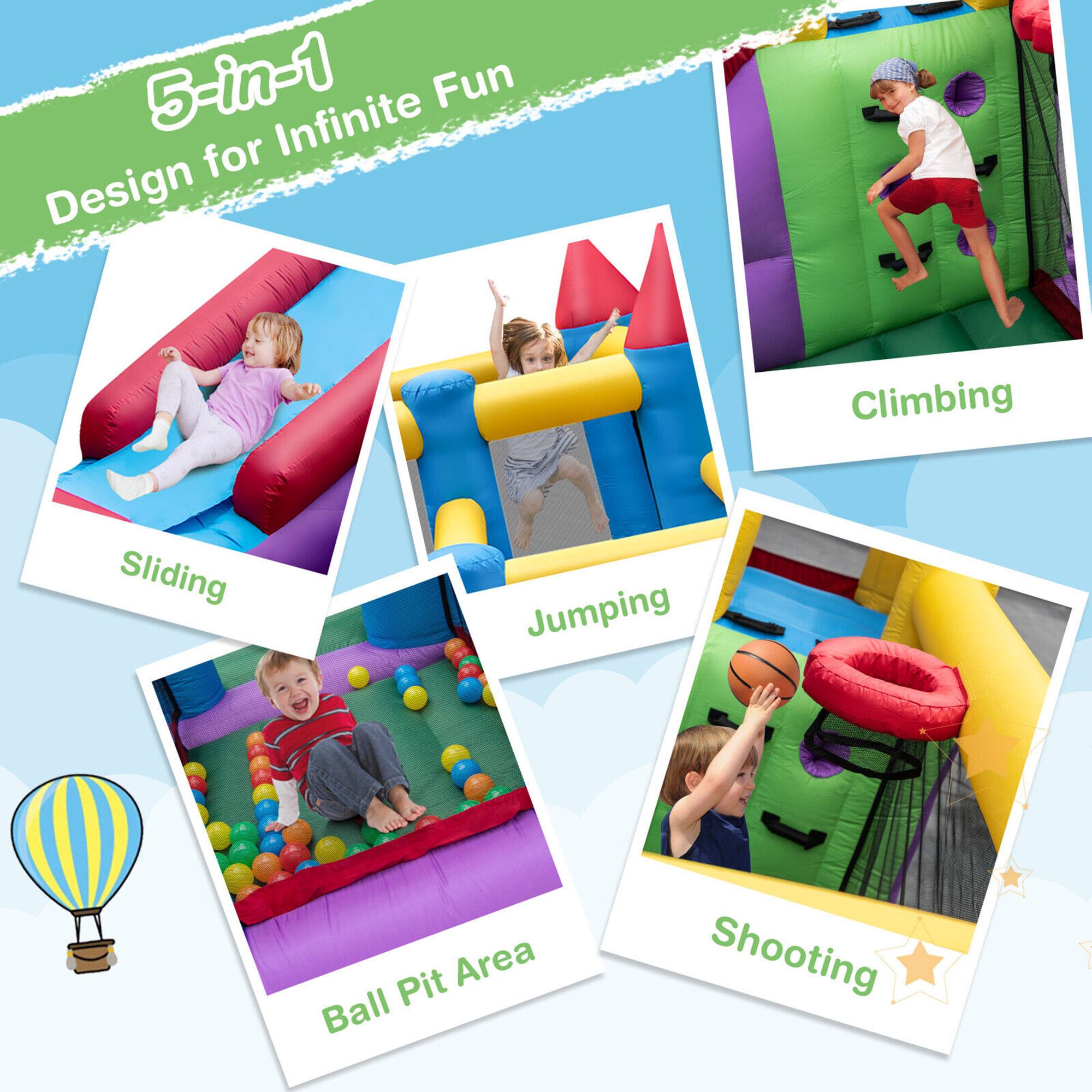 5-in-1  
Design for Infinite Fun  

Sliding  
Jumping  
Climbing  
Ball Pit Area  
Shooting