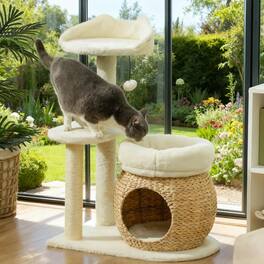 Siljoy - 31" Cat Tree Tower with Natural Cat Tail Reed Condo, Bunny Velvet Beds & Scratching Posts for 1-2 Cats